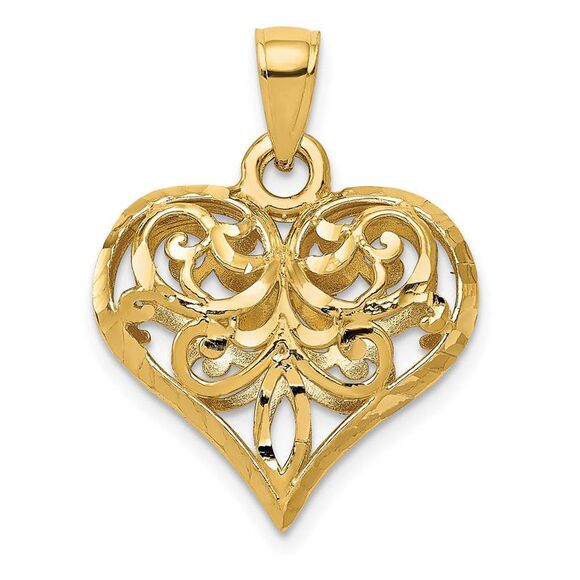 14k Yellow Gold Diamond Cut Puffed Heart Pendant 20mm
